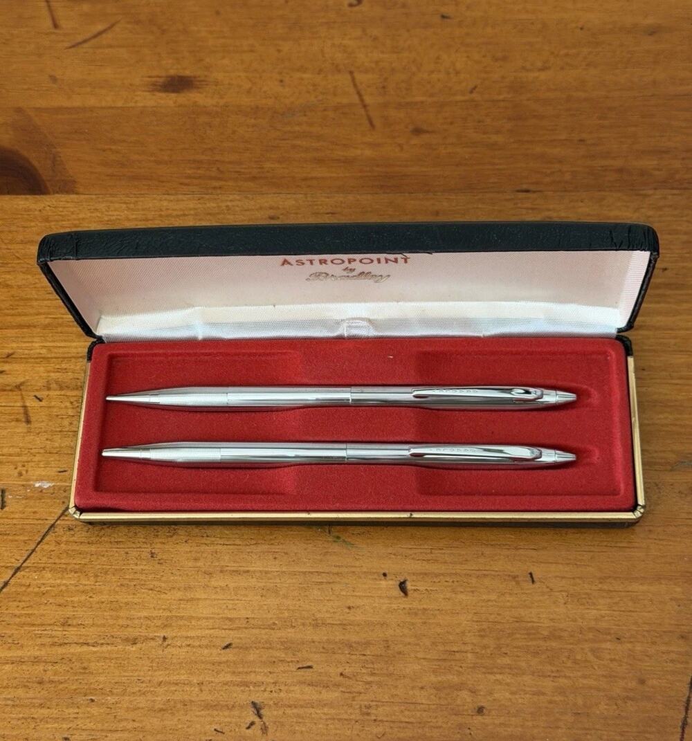 Vintage Bradley Astropoint Pen & Mechanical Pencil Set Silver Tone Twist Action
